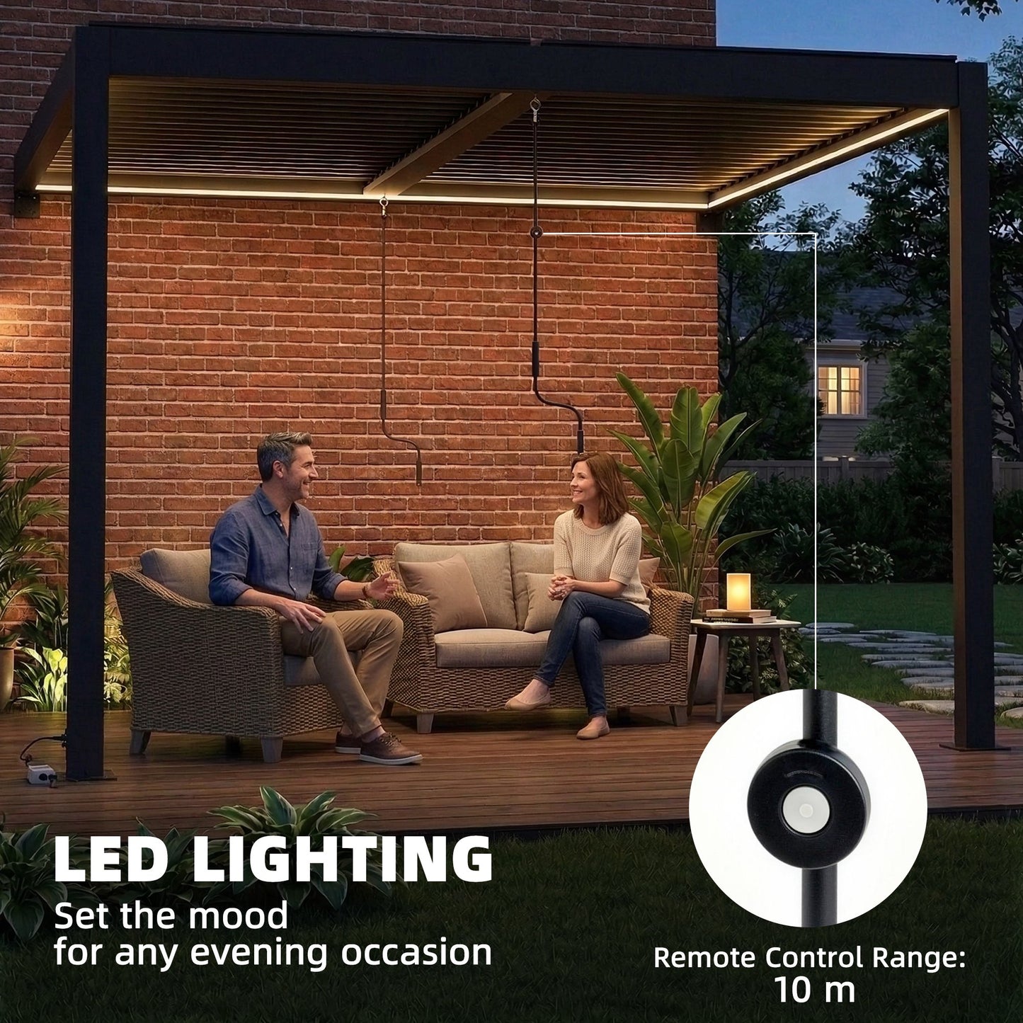 3 x 3 m Louvered Pergola with LED Lights, Metal Louvres, Wall Mounted Aluminium Patio Gazebo Pergola, Dark Grey