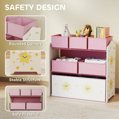 Kids Toy Storage Units, 3-Tier Toy Organiser Shelf with 6 Removable Boxes for Kids, Bedroom, Playroom, Pink