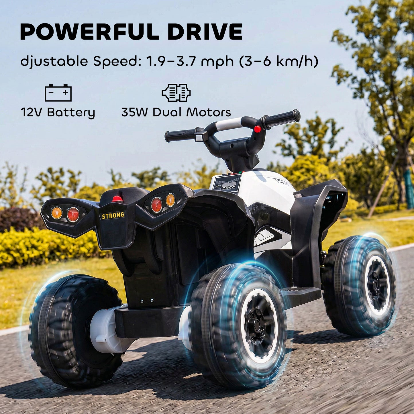 12V Ride-On Quad Bike w/ Music, Horn, for Ages 3-5 Years - White