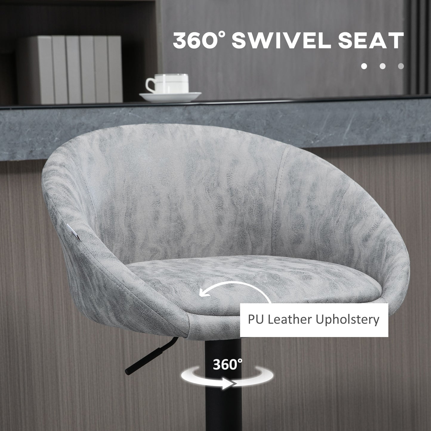 Modern Bar Stools Set of 2, Height Adjustable Swivel Barstools, PU Leather Upholstered Bar Chair with Backrest