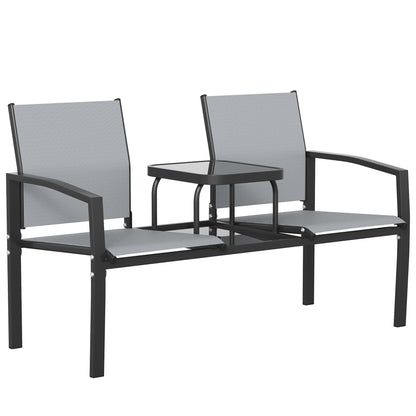 Garden Love Seat, 2 Seater Jack and Jill Loveseat Companion Seat with 2-Tier Glass Table, Breathable Texteline, Grey