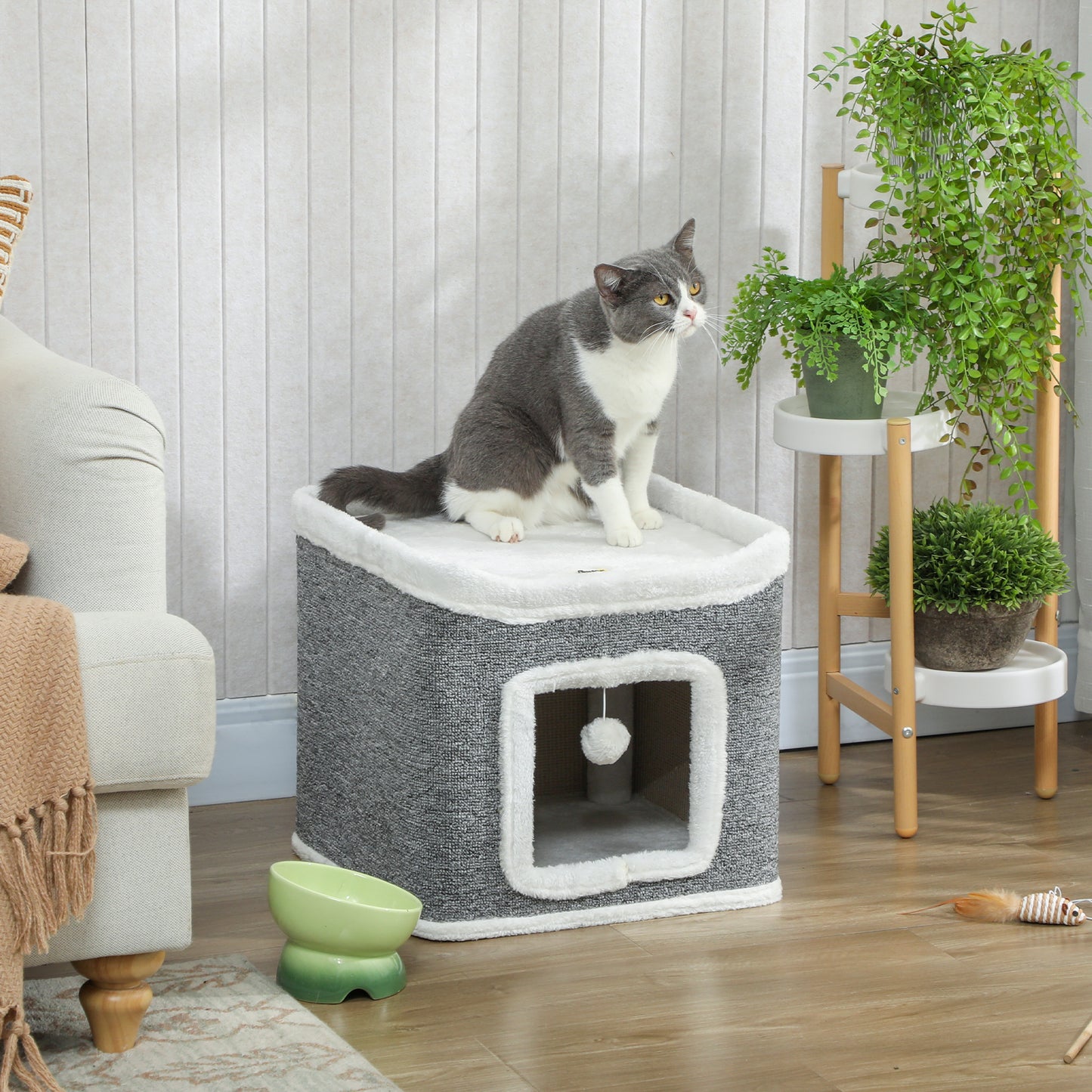 Cat House for Indoor Kittens, 2-Level Cat Cave Bed with Fluffy Balls, Top Bed, Kitten Barrel for Multi Kitties, Grey