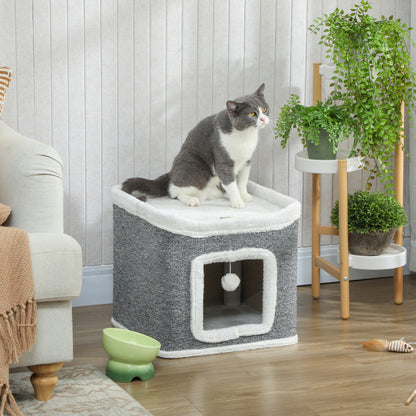 Cat House for Indoor Kittens, 2-Level Cat Cave Bed with Fluffy Balls, Top Bed, Kitten Barrel for Multi Kitties, Grey