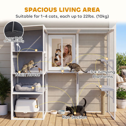 4-Tier Wooden Catio Cat Outdoor Enclosure with Sun Roof, Resting Rooms, 3 Platforms, Window Outdoor Indoor, Grey