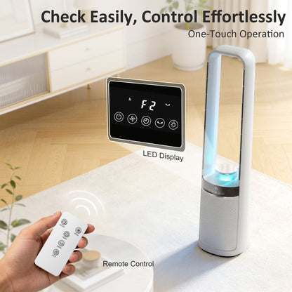 Bladeless Tower Fan, 36dB Standing Cooling Fan with Oscillating, LED Lights, 3 Speeds, 12H Timer, Remote Control
