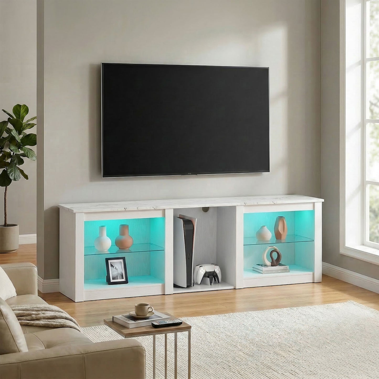 70in TV Stand, with LED Lights and Storage - White