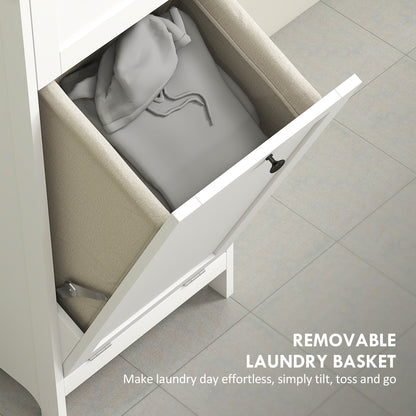 Tall Bathroom Cabinet, with Laundry Basket - White
