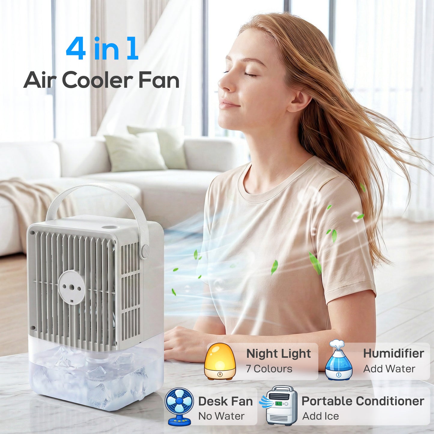 Portable Air Conditioner, 4-in-1 Mini Air Cooler with 3 Wind Speed, 2 Mist Mode, 7 Colour RGB Light, White