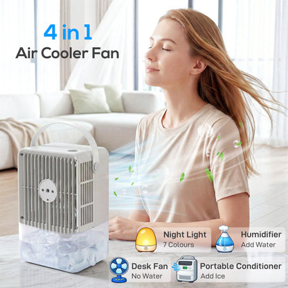 Portable Air Conditioner, 4-in-1 Mini Air Cooler with 3 Wind Speed, 2 Mist Mode, 7 Colour RGB Light, White