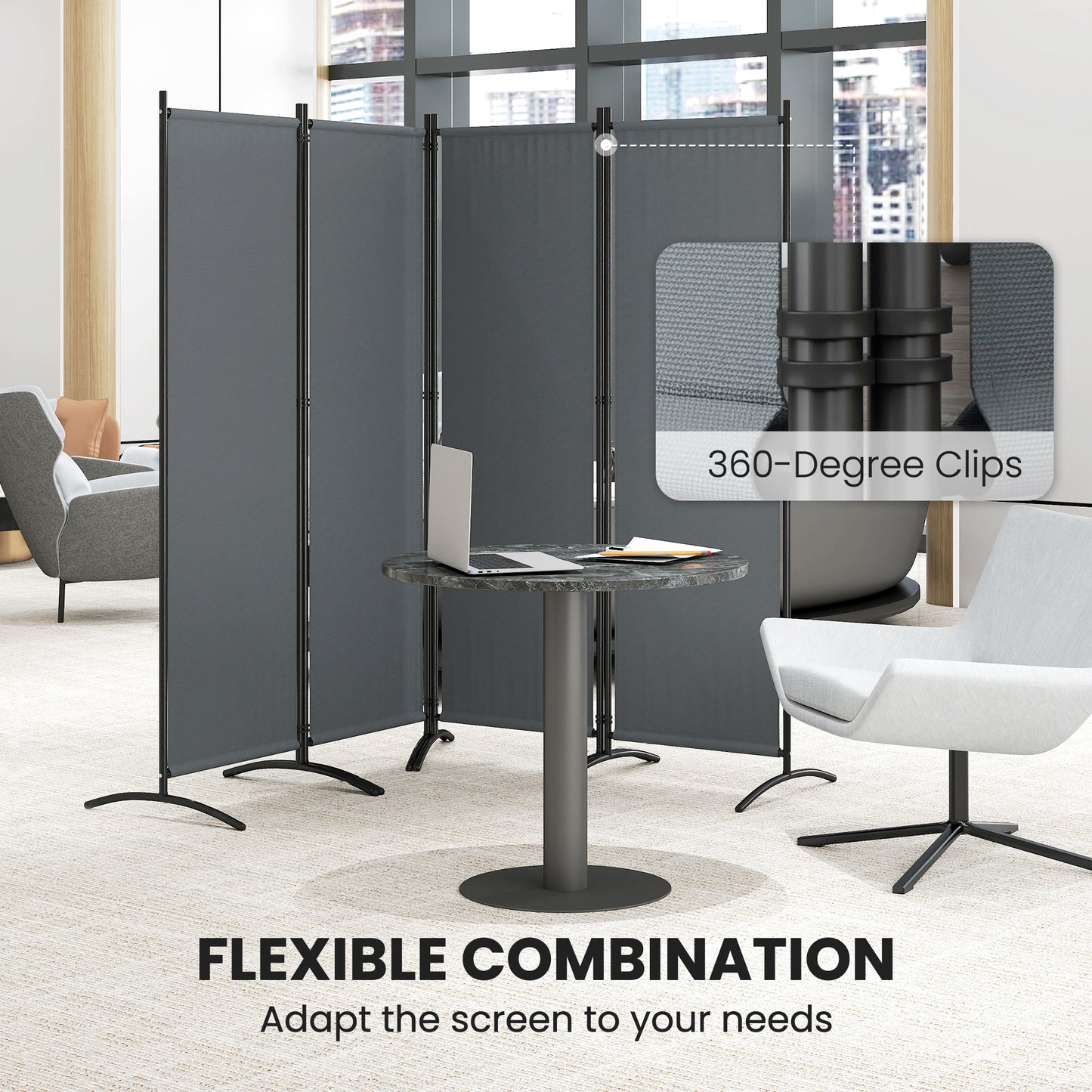 4 Panel Folding Room Divider, 1.7m Privacy Screen with Wide Feet, Portable Freestanding Metal Partition Separator for Office
