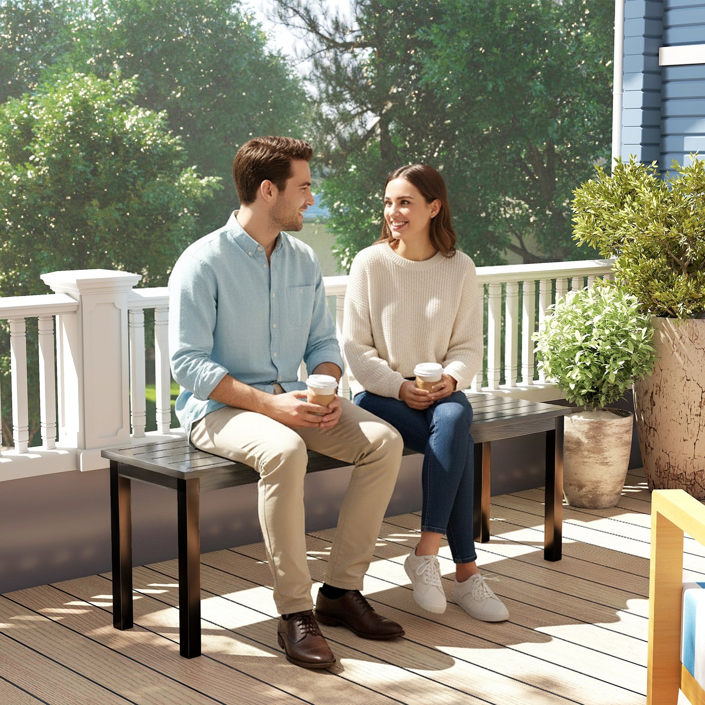 2 Seater Garden Bench, Outdoor Bench Loveseat with Wood-Effect Slatted Seat and Steel Frame for Patio, Park, Grey