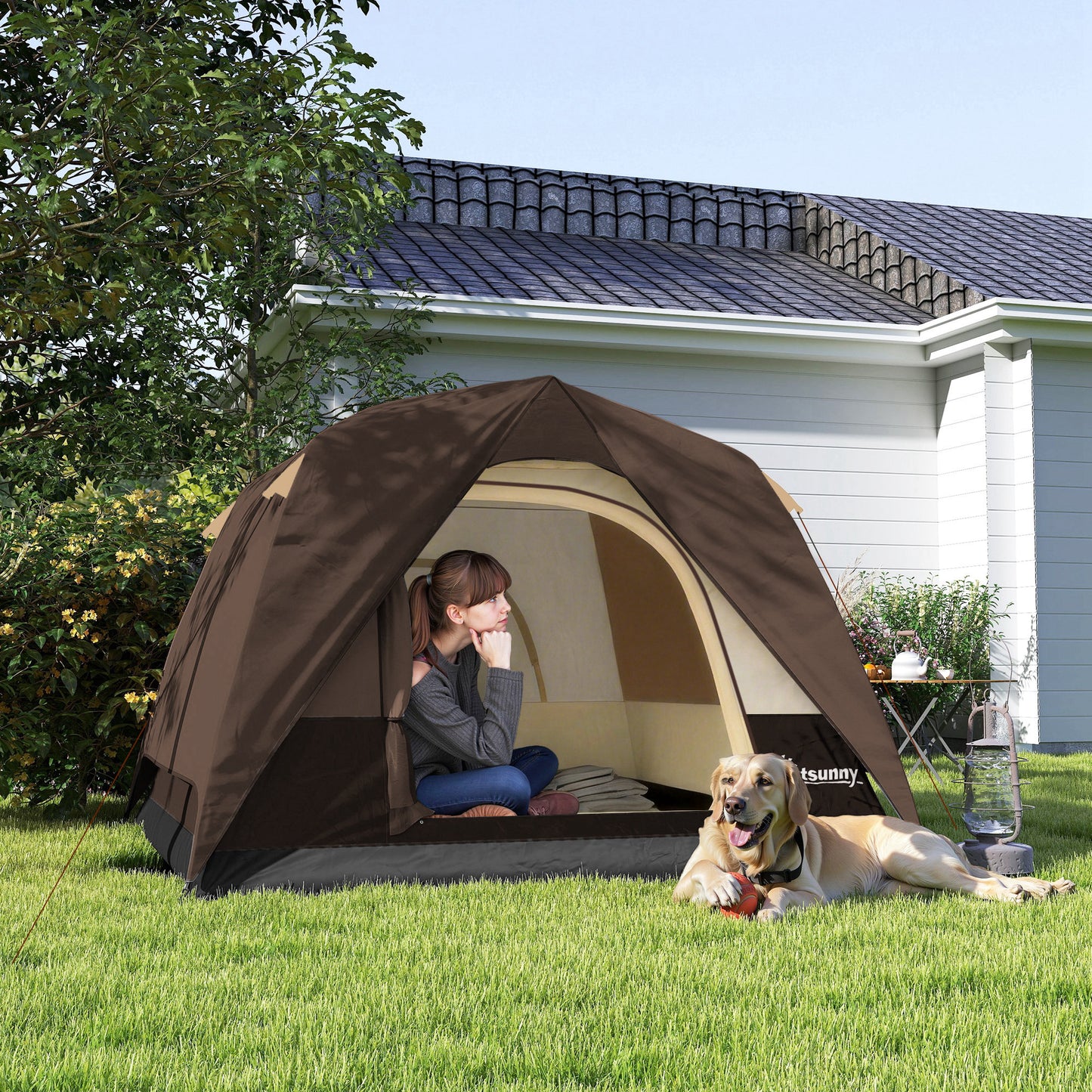 3-4 Person Camping Tent, Easy Set Up 3-4 Man Tent w/ Sewn-in Groundsheet, Waterproof Dome Tent w/ Mesh Windows, Brown