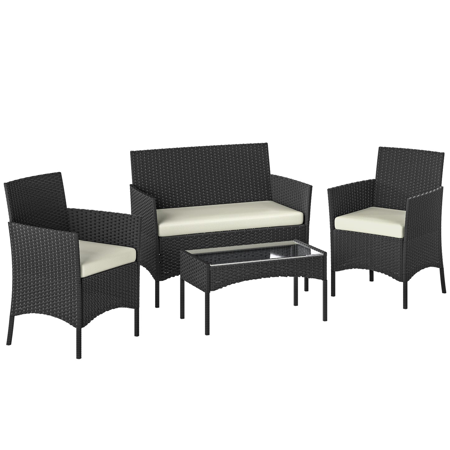4 Piece Rattan Garden Furniture Sofa Set with Loveseat, Armchairs, Glass-Top Coffee Table and Cushions, Cream White