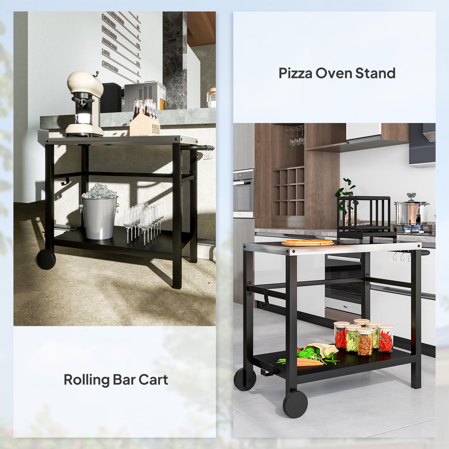 Outdoor Grill Dining Cart 2-Shelf Movable Pizza Oven Table Stand with Stainless Steel Top