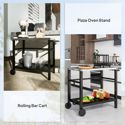 Outdoor Grill Dining Cart 2-Shelf Movable Pizza Oven Table Stand with Stainless Steel Top