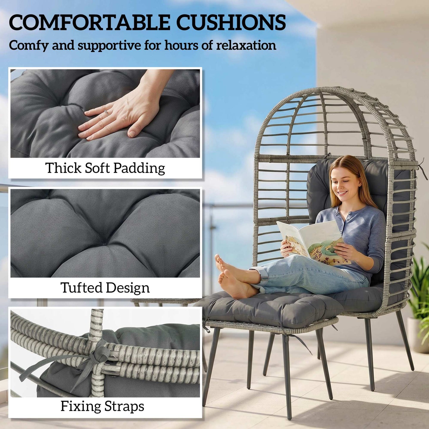Garden Egg Chair with Footstool, Rattan Indoor Outdoor Lounge Chair and Ottoman Set with Thick Cushions, Light Grey