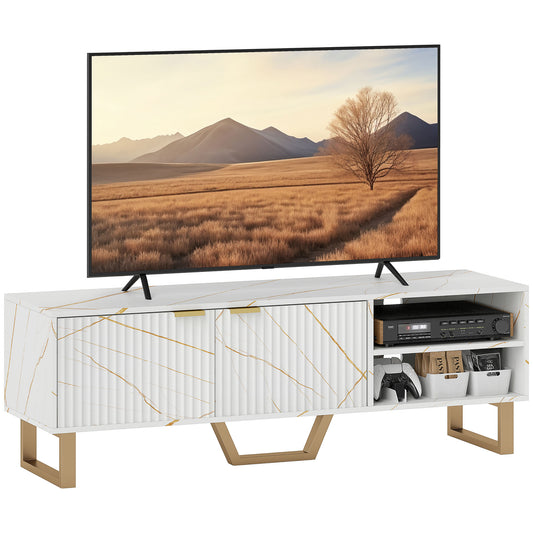 Marble Effect TV Unit, Modern TV Stand Cabinet for up to 70" TVs, with Shelves and Storage Cupboard, Fluted Door