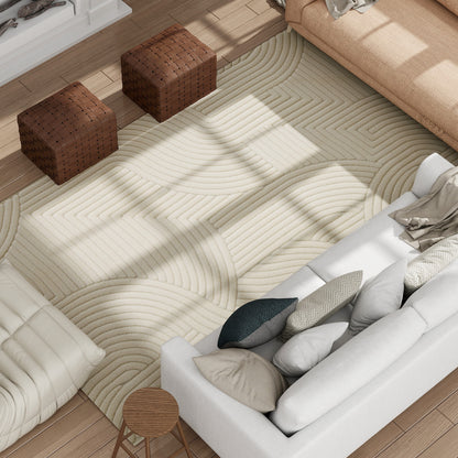 Modern Geometric Rug, Thick Plush, Non-Slip, 160 x 120 cm, Cream, Living Room, Bedroom, Office