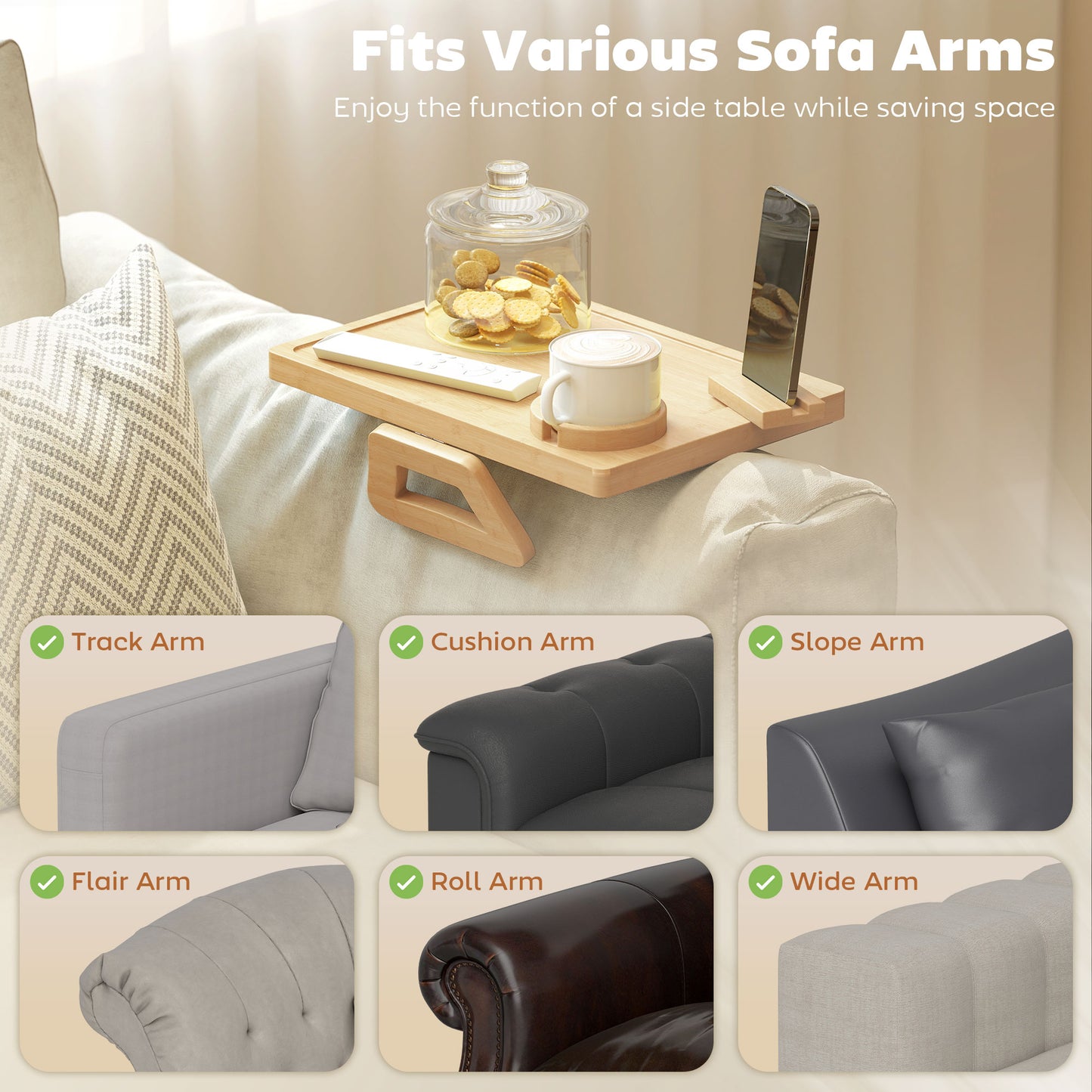 Anti-Slip Sofa Armrest Tray, Bamboo Sofa Arm Tray with 360° Phone Holder and Removable Cup Holder, Natural