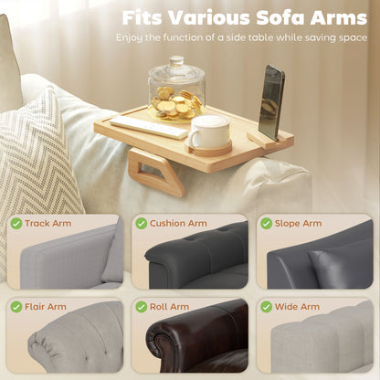 Anti-Slip Sofa Armrest Tray, Bamboo Sofa Arm Tray with 360° Phone Holder and Removable Cup Holder, Natural