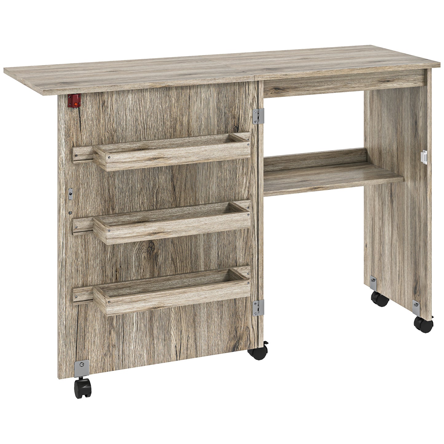 Folding Sewing Table, Drop Leaf Craft Table with Storage Bins, Open Shelf and Wheels