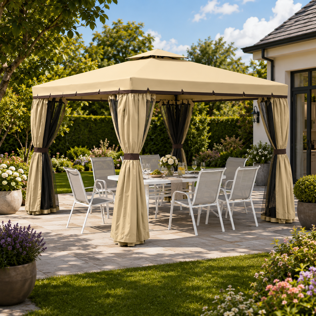 3 x 3(m) Patio Gazebo Canopy Garden Pavilion Tent Shelter with 2 Tier Water Repellent Roof, Mosquito Netting and Curtains
