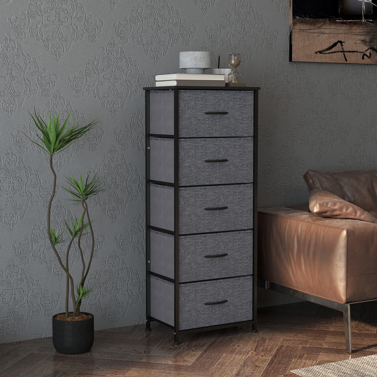 Fabric Chest of Drawers, Industrial Bedroom Dresser with 5 Fabric Drawers, Steel Frame and Wooden Top for Nursery