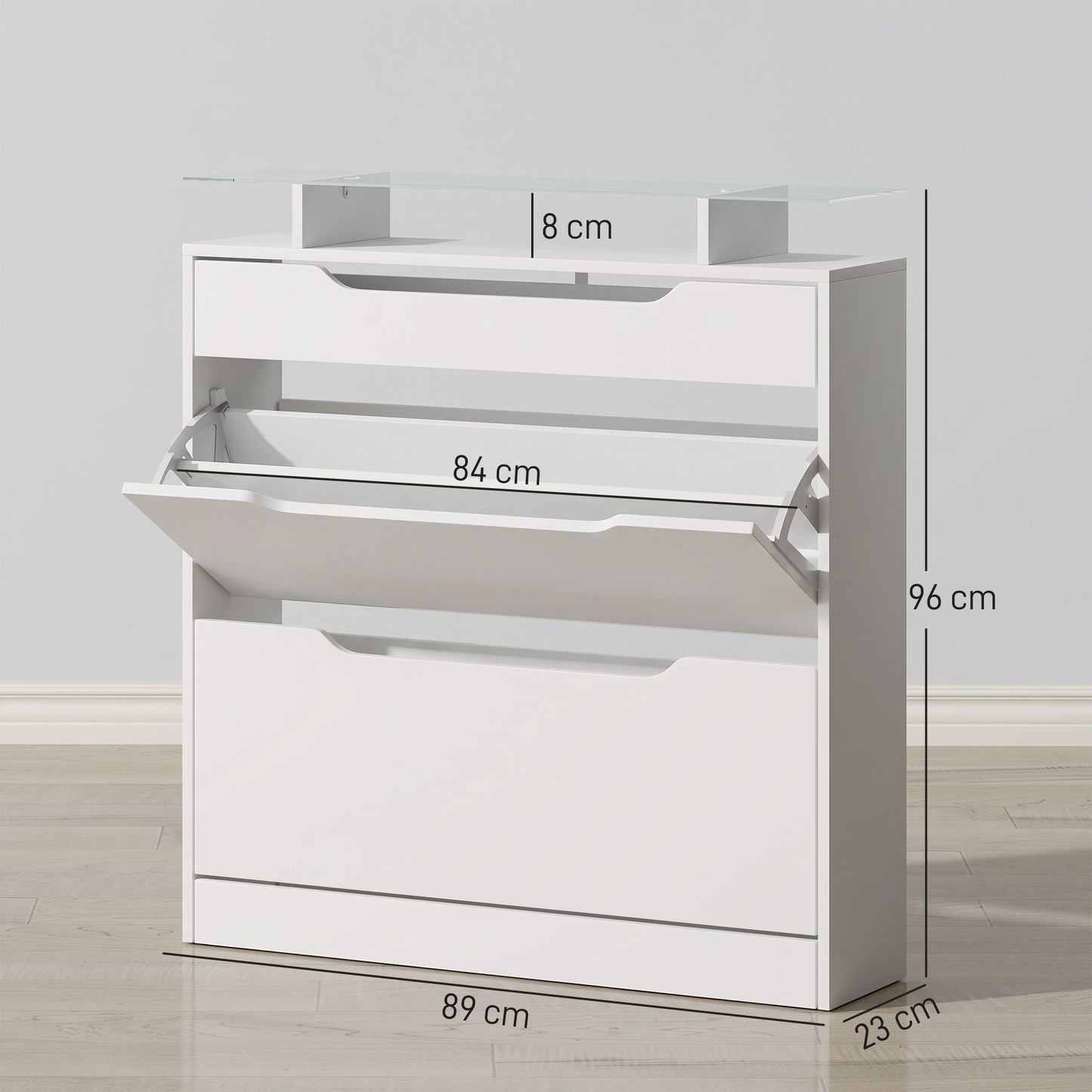 Shoe Storage Cabinet with Slide Out Drawer, 2 Flip Doors, Tempered Glass Top - White