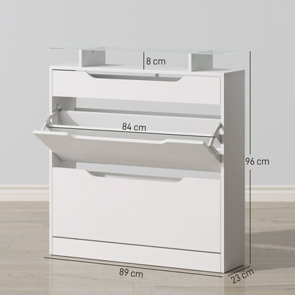 Shoe Storage Cabinet with Slide Out Drawer, 2 Flip Doors, Tempered Glass Top - White