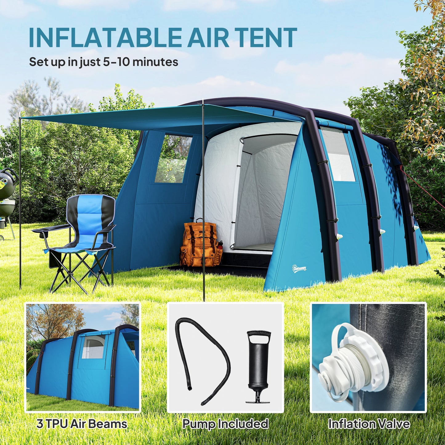 Inflatable 3-4 Man Tunnel Tent w/ Air Pump, Living Area & Vestibule, Waterproof Family Camping Air Tent, Sewn In Groundsheet