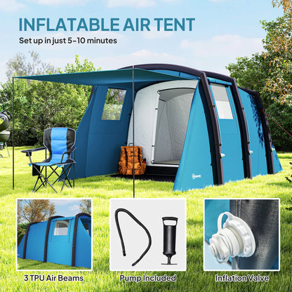 Inflatable 3-4 Man Tunnel Tent w/ Air Pump, Living Area & Vestibule, Waterproof Family Camping Air Tent, Sewn In Groundsheet