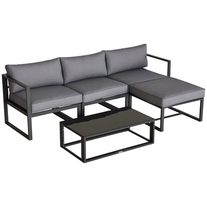 5 Pieces Outdoor Patio Furniture Set, Sofa Couch with Glass Coffee Table, Cushioned Chairs and Aluminum Tube