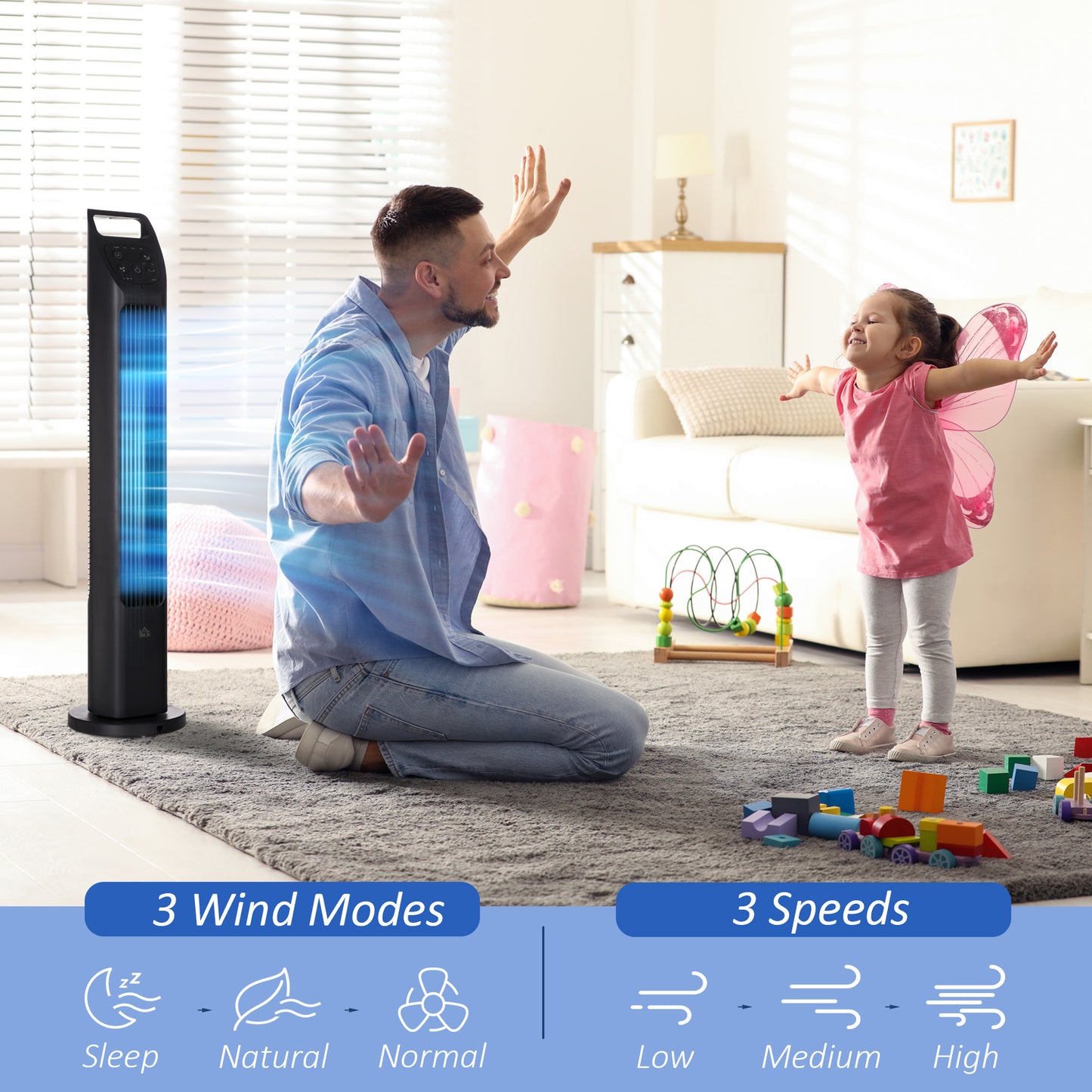 31" Oscillating Tower Fan with Remote Control, 4H Timer, 3 Speed 3 Modes