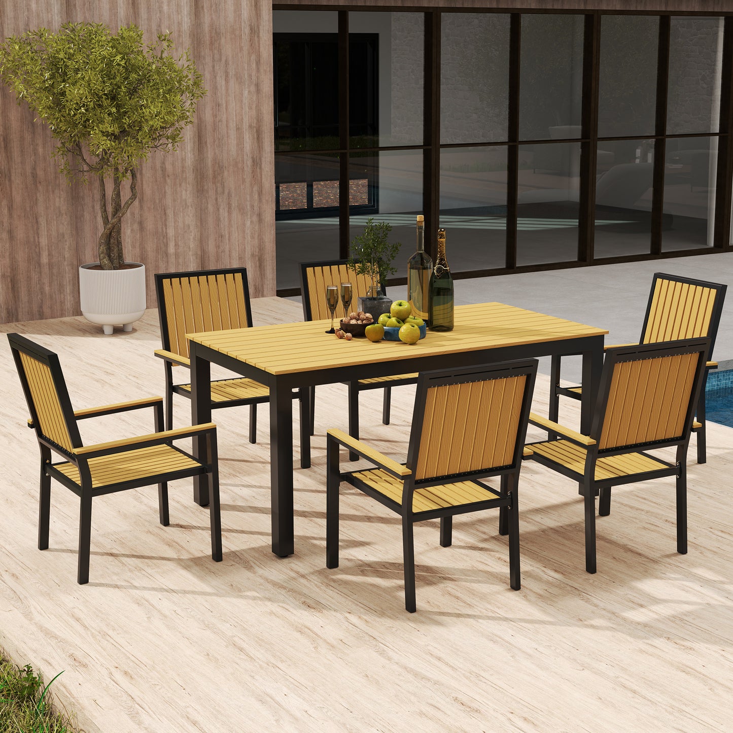 6 Seater Garden Dining Set with Stackable Chairs, Aluminium Frame, Rectangular Plastic Top, Garden Furniture Set, Nature Wood