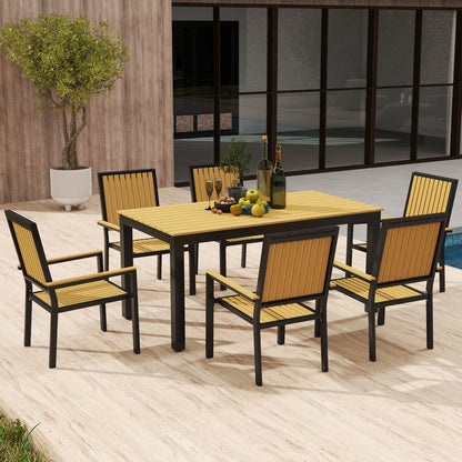 6 Seater Garden Dining Set with Stackable Chairs, Aluminium Frame, Rectangular Plastic Top, Garden Furniture Set, Nature Wood