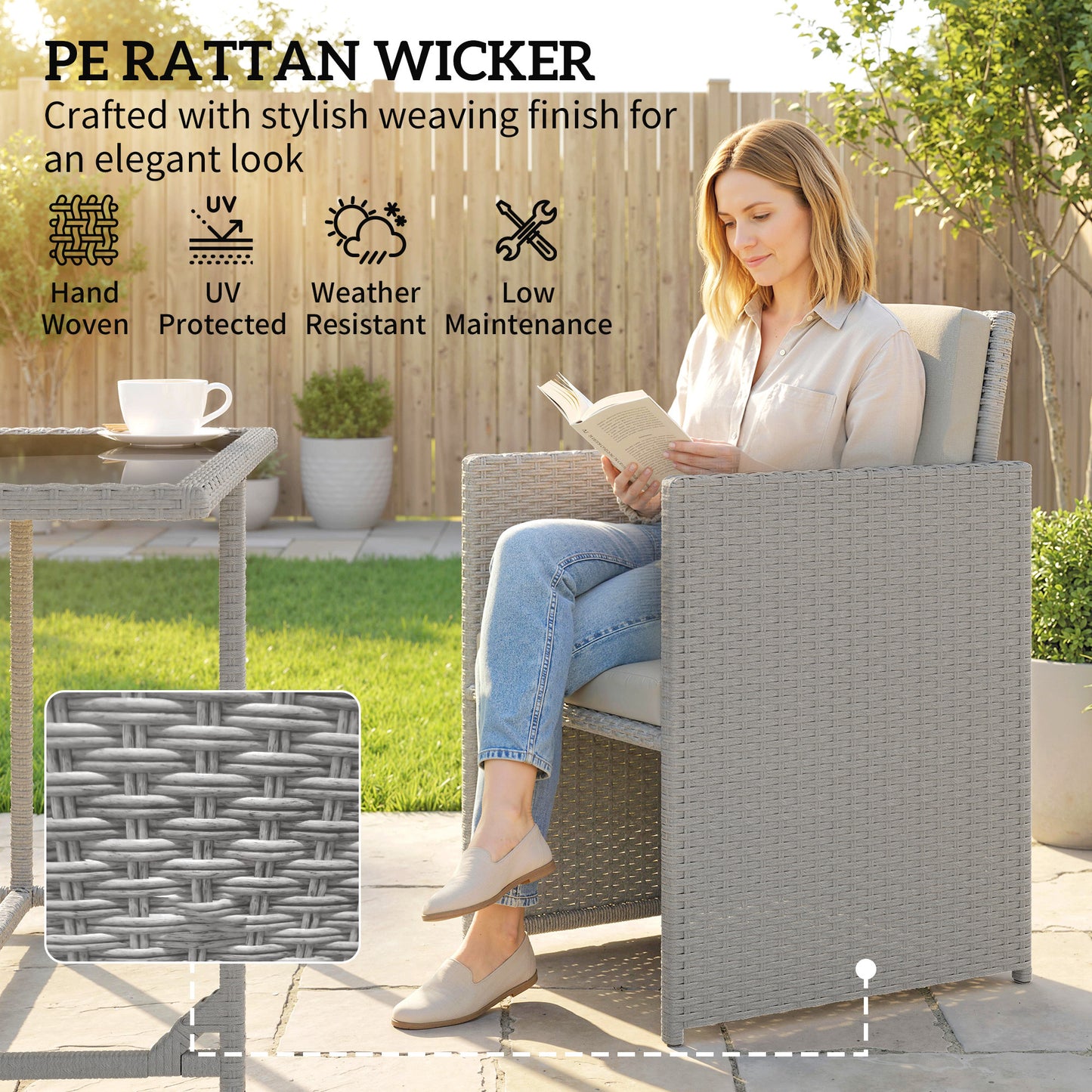 9 Piece Rattan Cube Garden Furniture Dining Set with Armchairs, Footstools and Glass-Top Table, Light Grey