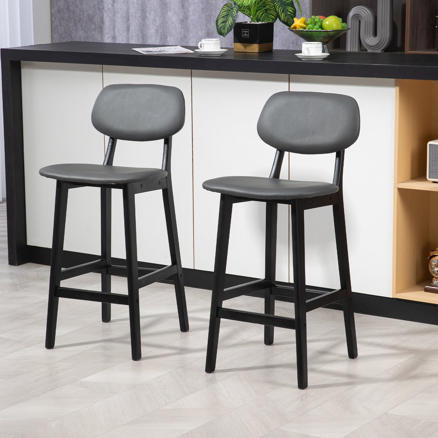 Bar Stools Set of 2, Breakfast Bar Chairs, PU Leather Upholstered Kitchen Stools with Backs, Footrests and Solid Wood Legs