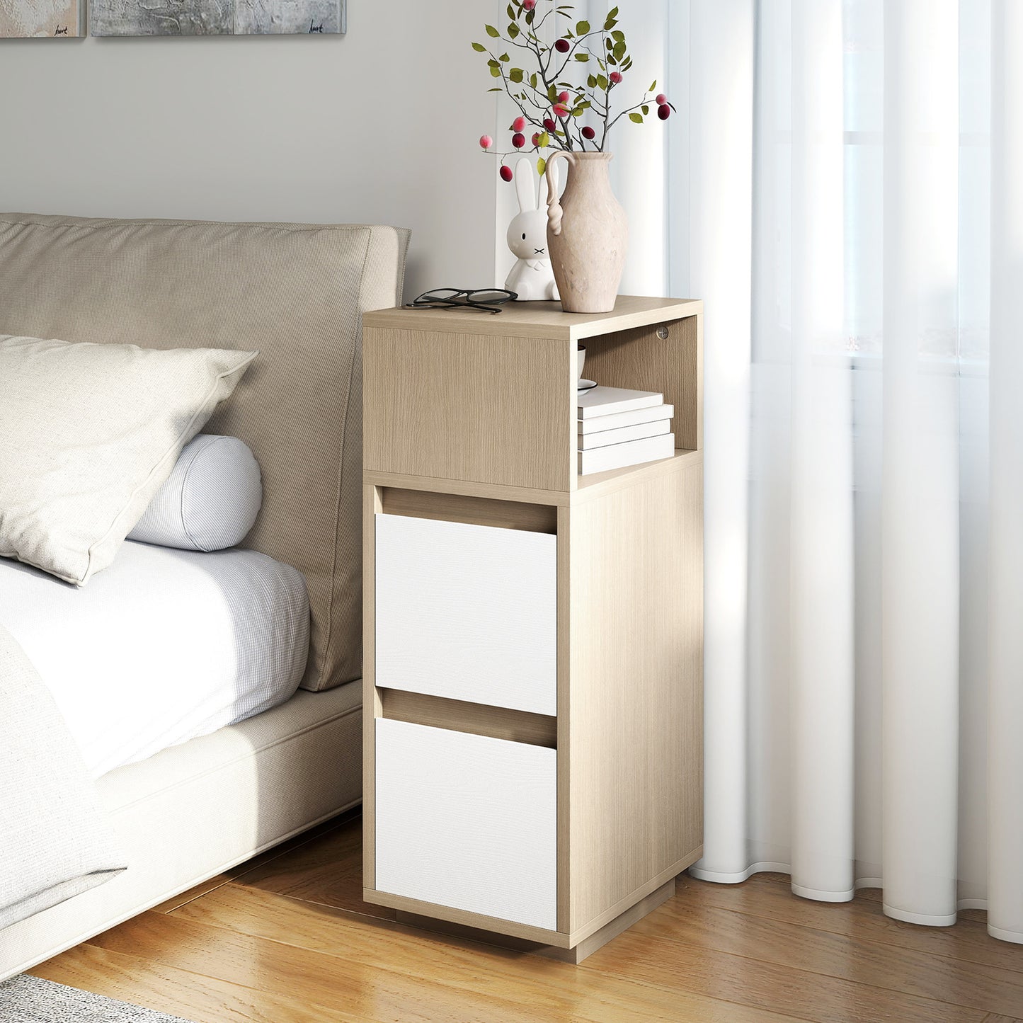 Slim Bedside Table, Narrow Bedside Cabinet with Open Shelf and 2 Drawers for Bedroom, Living Room, Natural Wood Finish
