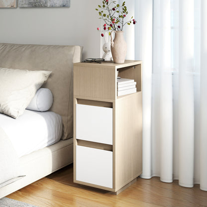 Slim Bedside Table, Narrow Bedside Cabinet with Open Shelf and 2 Drawers for Bedroom, Living Room, Natural Wood Finish