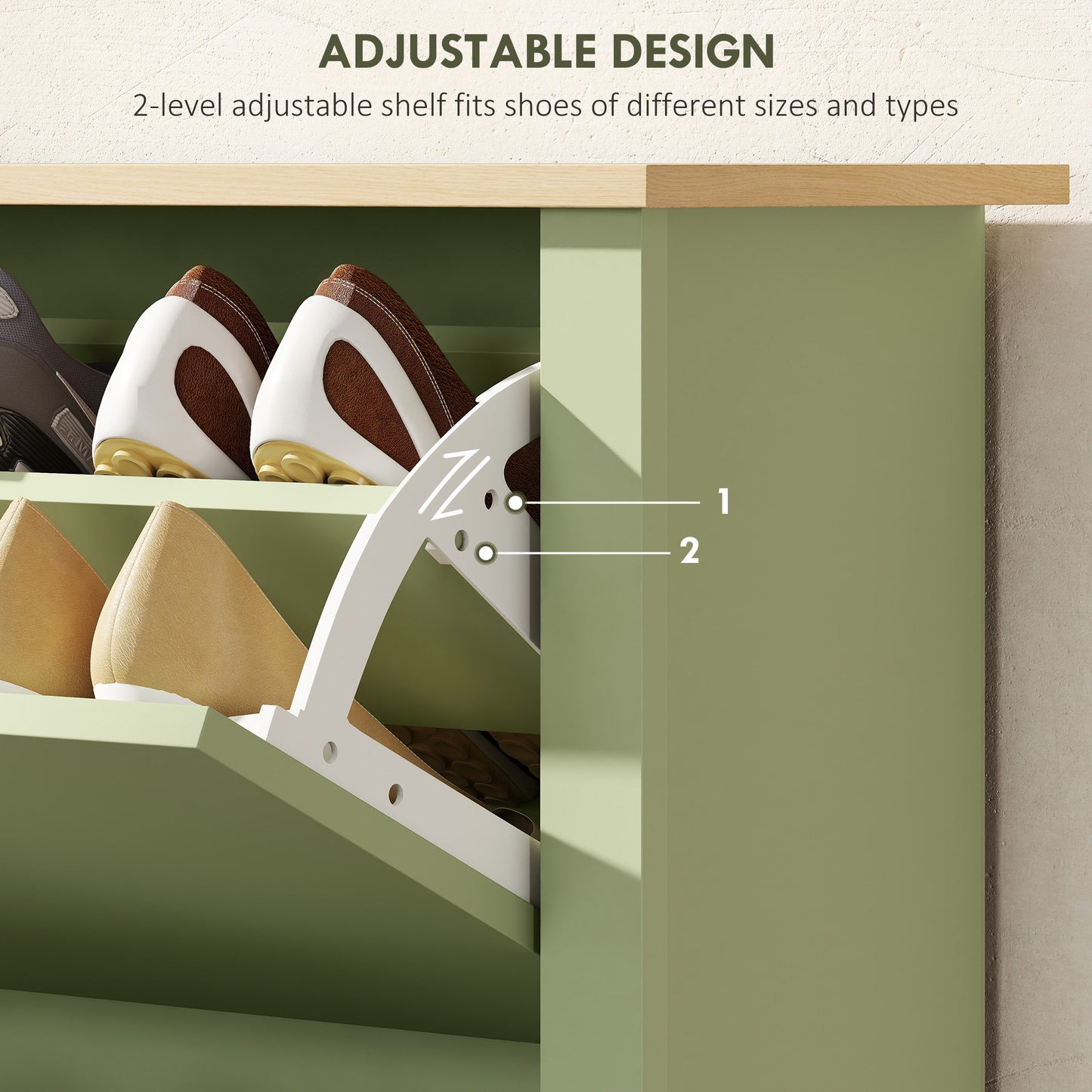 Slim Shoe Cabinet, Narrow Shoe Cupboard with 2 Flip Drawers, Adjustable Shelves for 12 Pairs of Shoes, Green