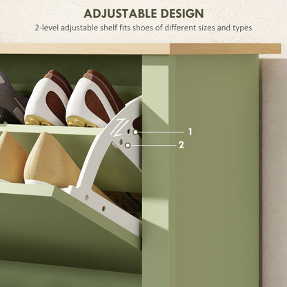 Slim Shoe Cabinet, Narrow Shoe Cupboard with 2 Flip Drawers, Adjustable Shelves for 12 Pairs of Shoes, Green