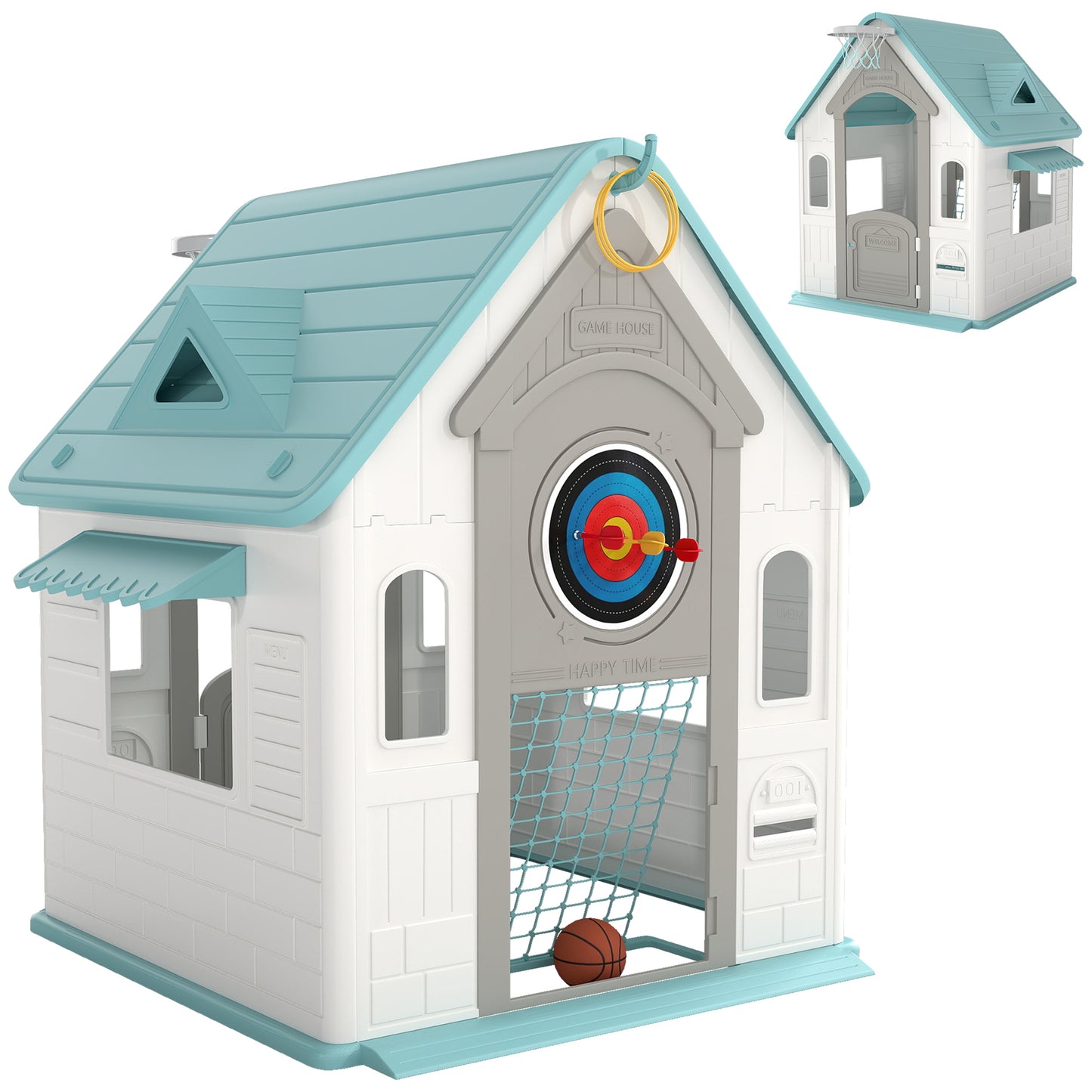 5-in-1 Playhouse for Kids Outdoor Indoor with Basketball Hoop, Football Goal, Dartboard, Ring Toss for 2-5 Years, Beige