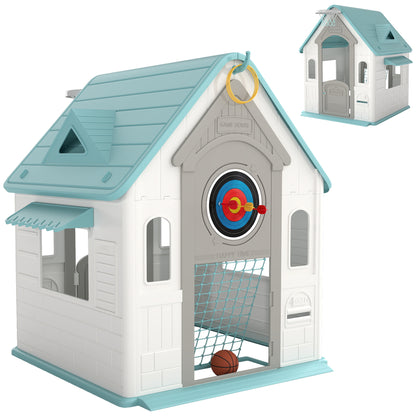 5-in-1 Playhouse for Kids Outdoor Indoor with Basketball Hoop, Football Goal, Dartboard, Ring Toss for 2-5 Years, Beige