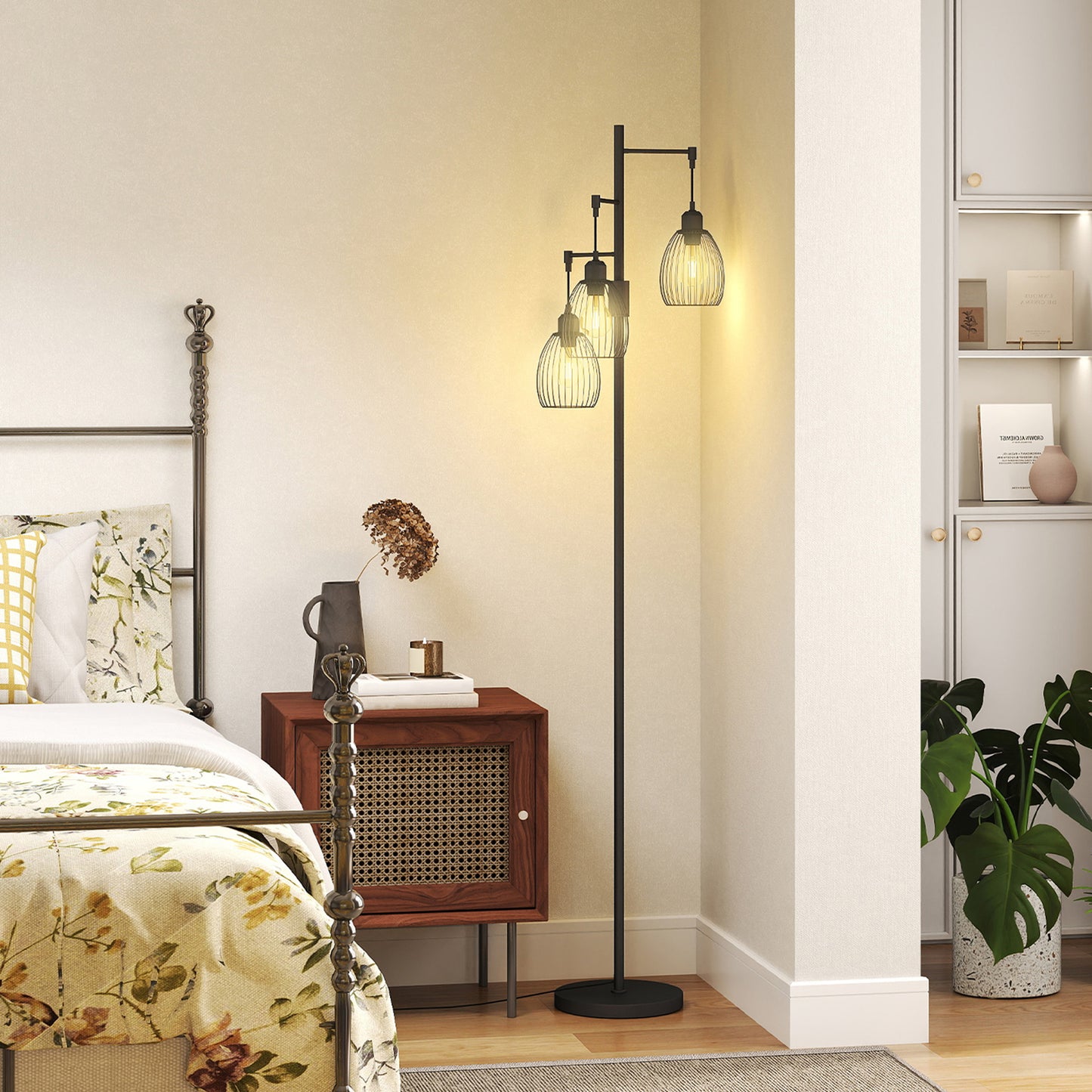 3-Light Floor Lamp, 170cm Industrial Dimmable Standing Lamp with Steel Wire Cage Lampshades for Living Room, Bedroom