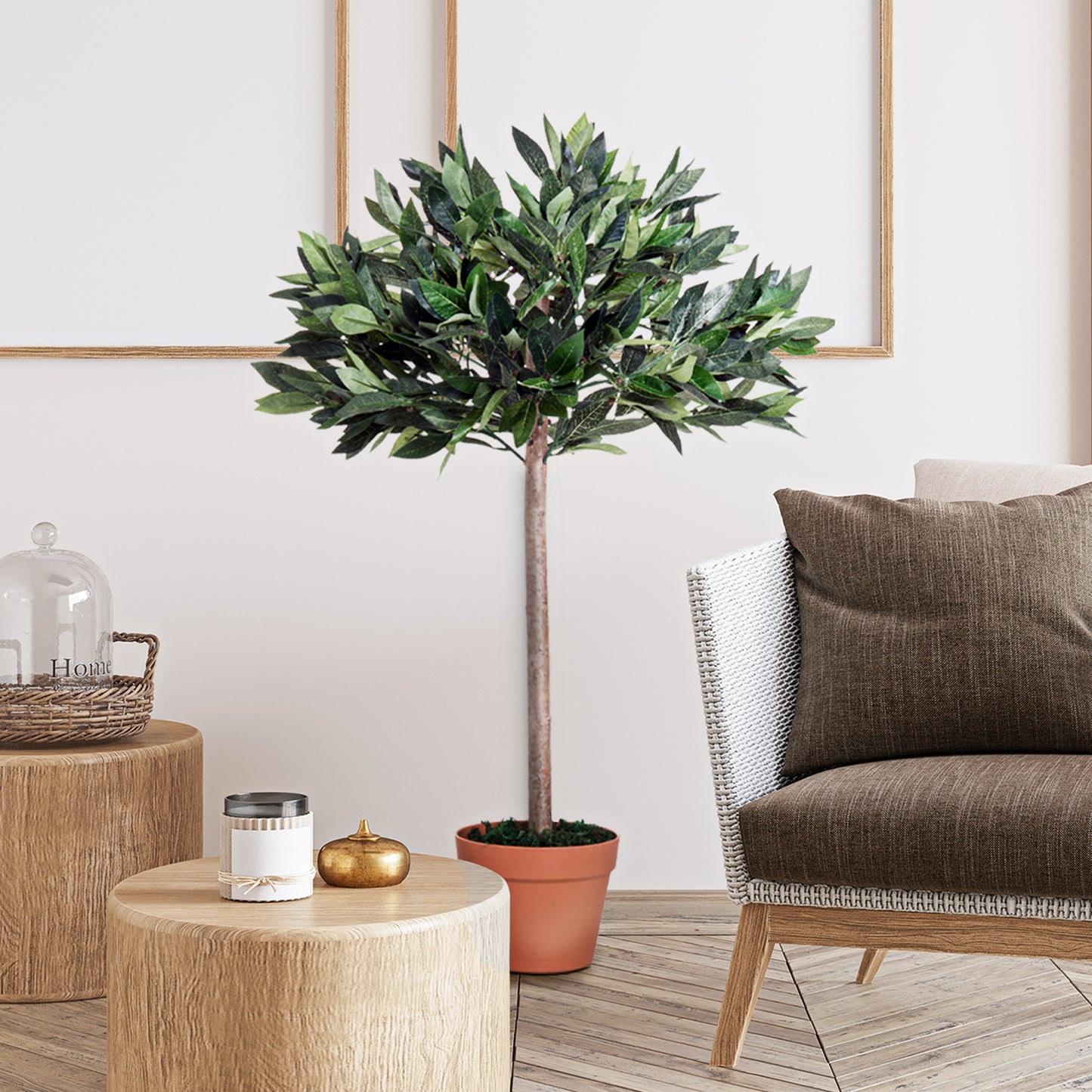 Artificial Bay Tree In Pot, 3ft Tall Indoor Outdoor Garden Topiary Ball with Solid Wood Trunk