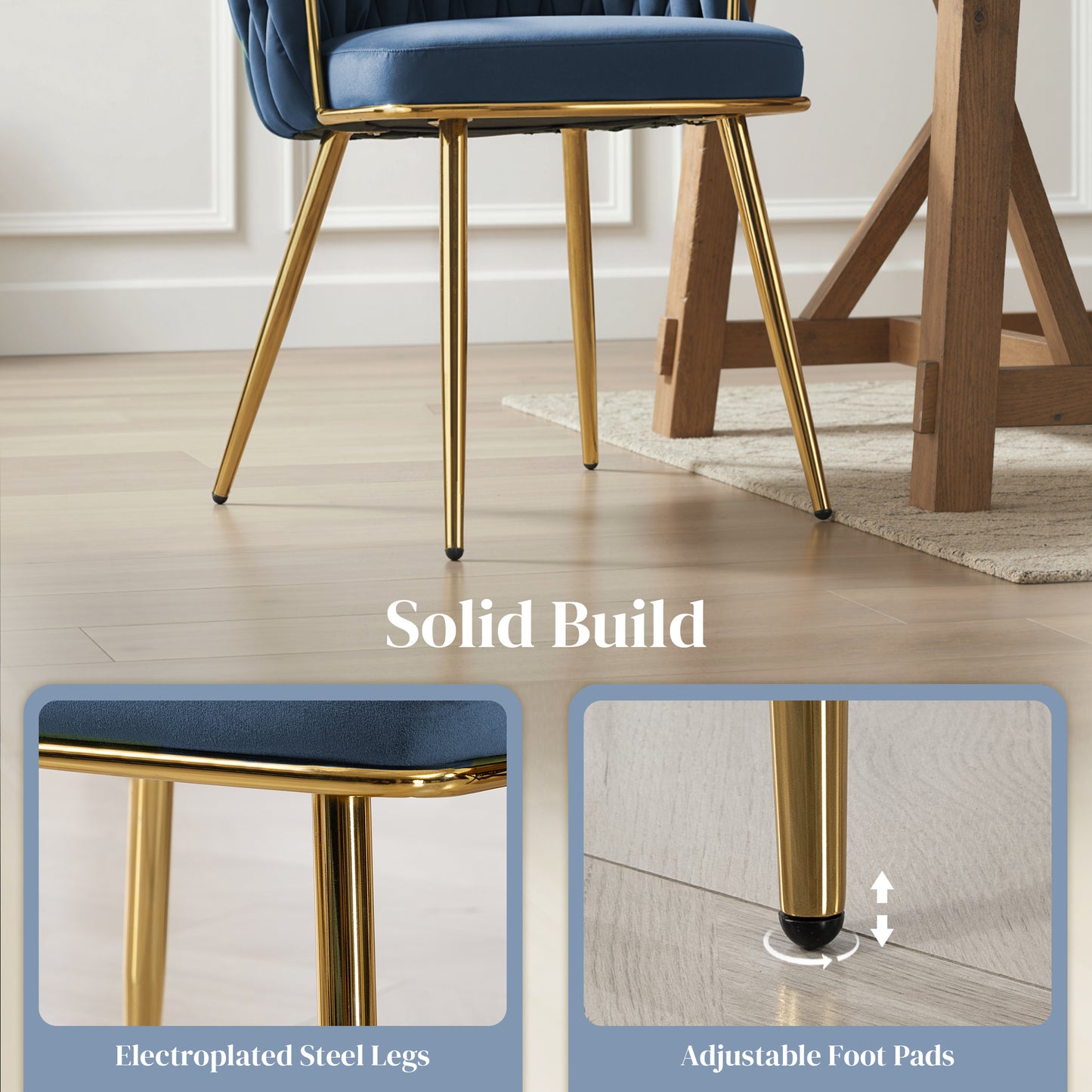 Velvet-Feel Dining Chairs Set of 2, Modern Upholstered Armchair with Knot Design and Golden Metal Legs