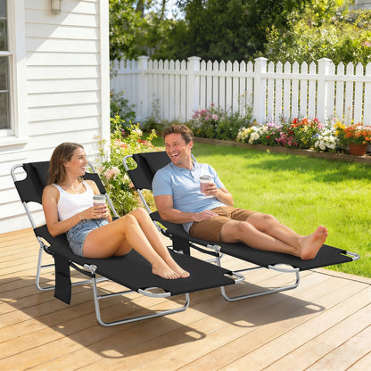5-Position Adjustable Sun Loungers Set of 2 with Reading Hole and Side Pocket, Black
