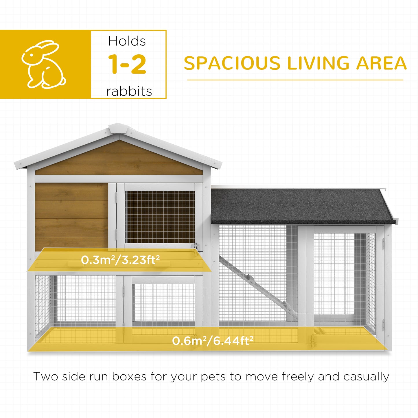Wooden Rabbit Hutch Outdoor, Double Tier with Water-Resistant Roof, Ramp 147 x 54 x 84 cm, Yellow