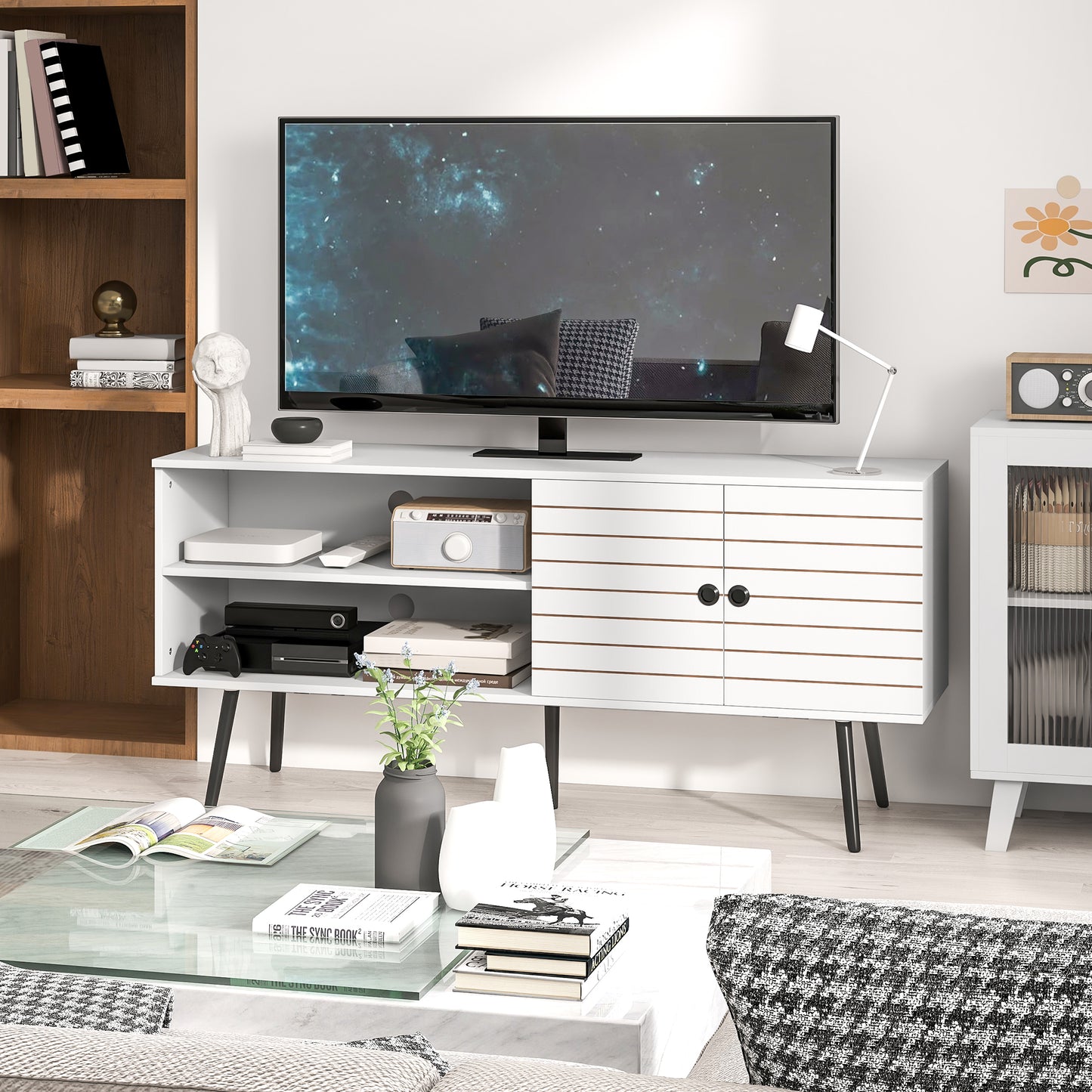 TV Stand with Cupboard, Open Shelves, Striped Doors, Wooden legs, White