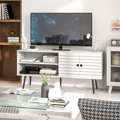 TV Stand with Cupboard, Open Shelves, Striped Doors, Wooden legs, White